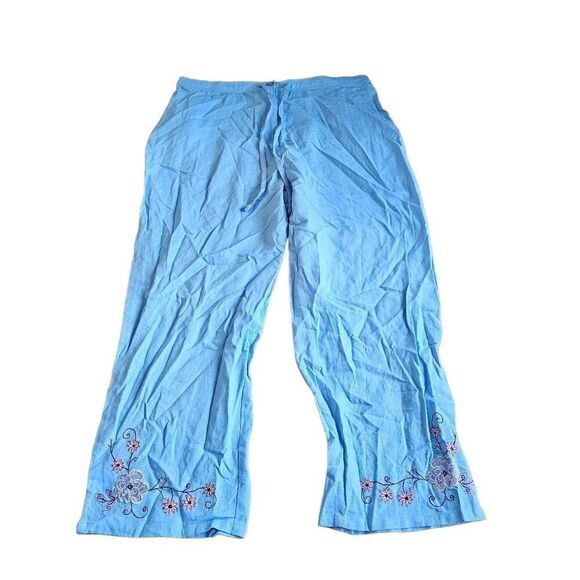 SAG HARBOR womens Sz 16 blue linen blend floral embroidered pants - Picture 3 of 7